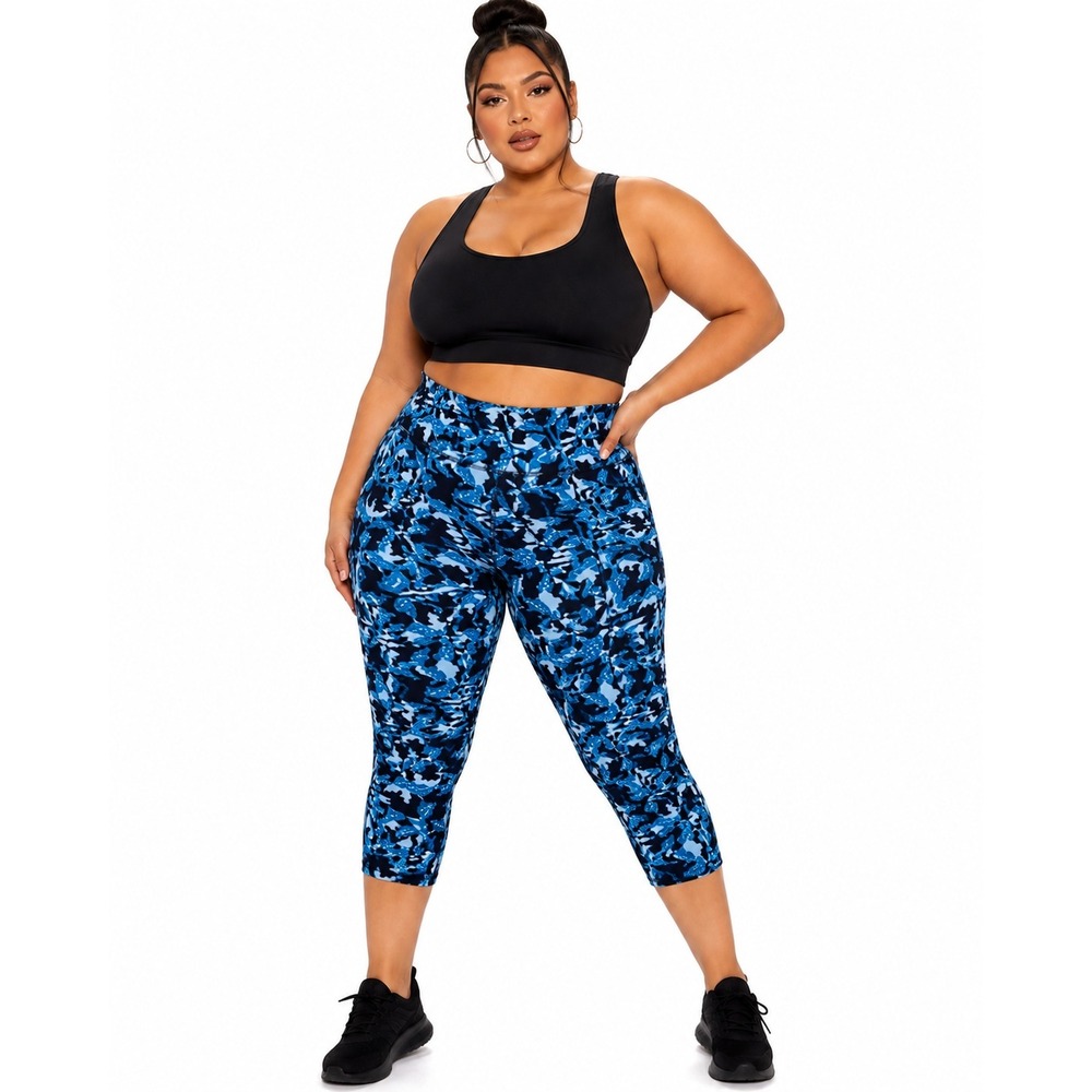 Denim & Co Active Womens 2X Blue Tropical Botanical Print Cropped Leggings Capri